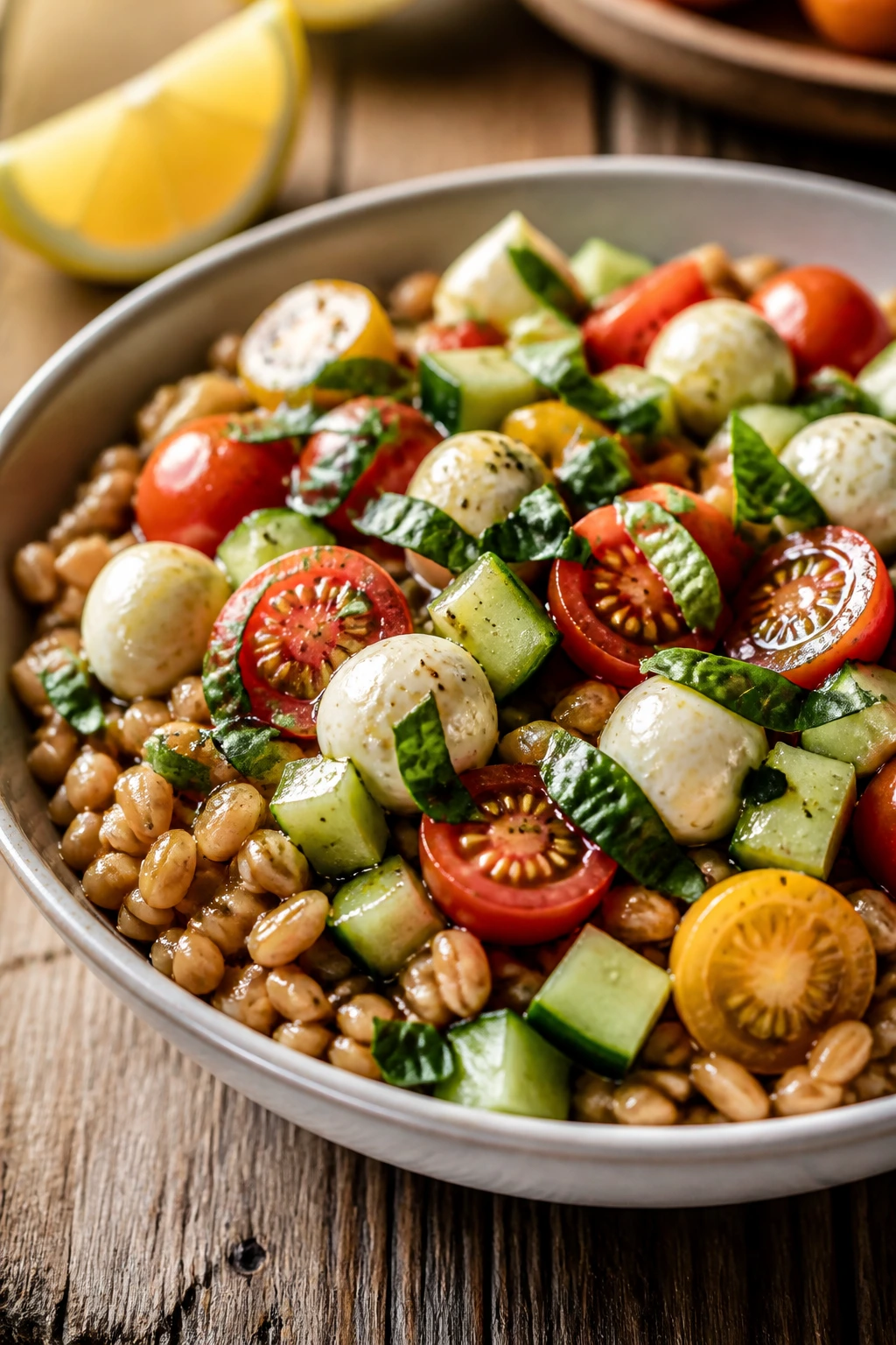 Caprese farro bowl with tomatoes mozzarella cucumber and basil