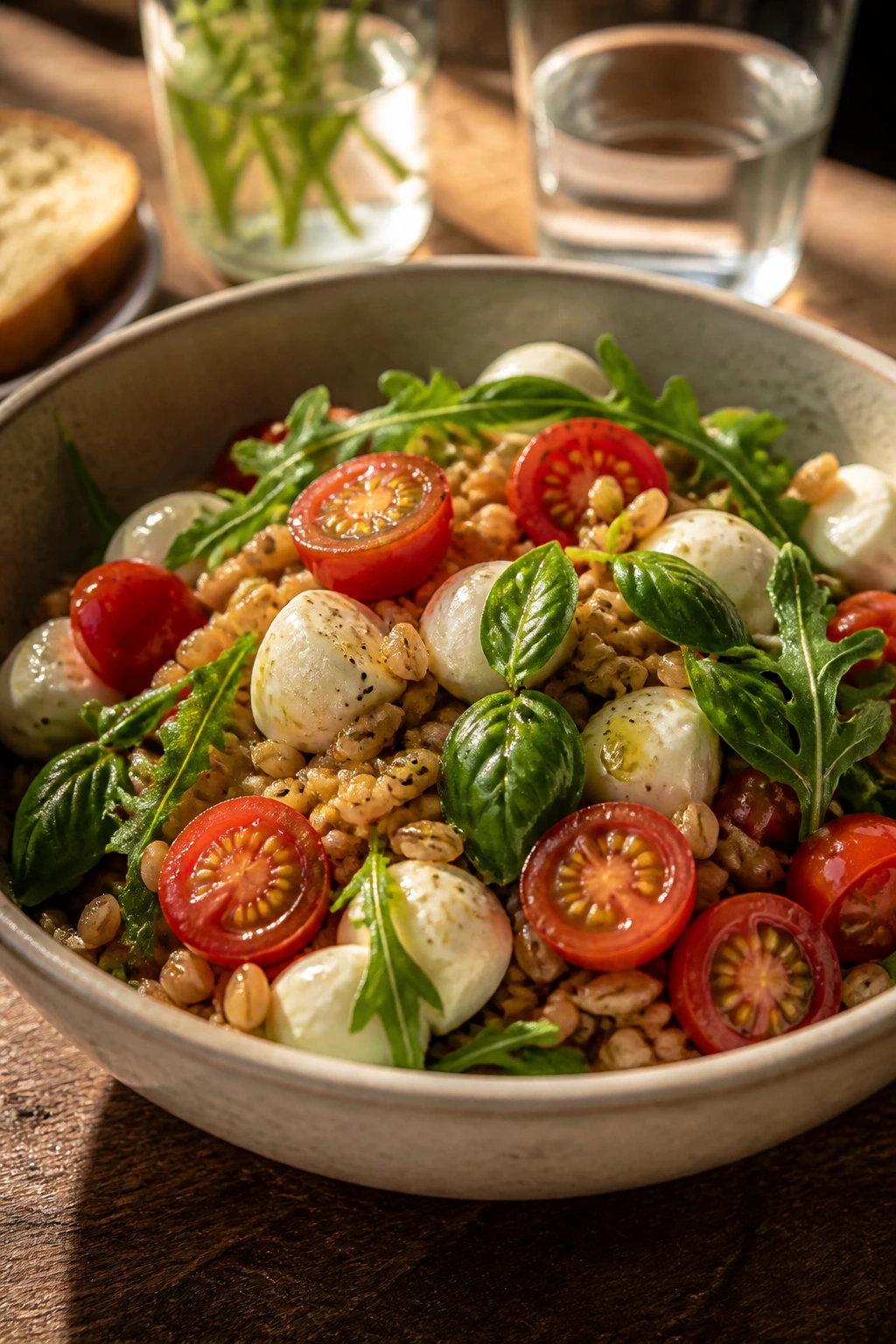 Close-up Caprese Farro Bowl with tomato, mozzarella, basil over farro