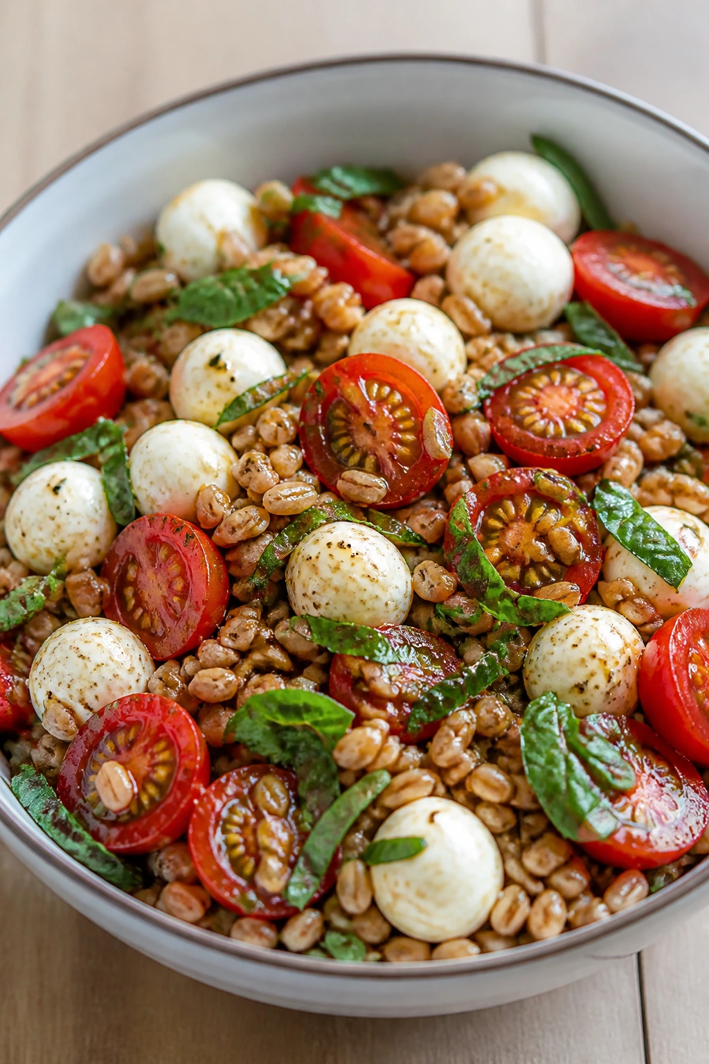 Caprese farro salad with tomatoes, mozzarella and basil in a bowl
