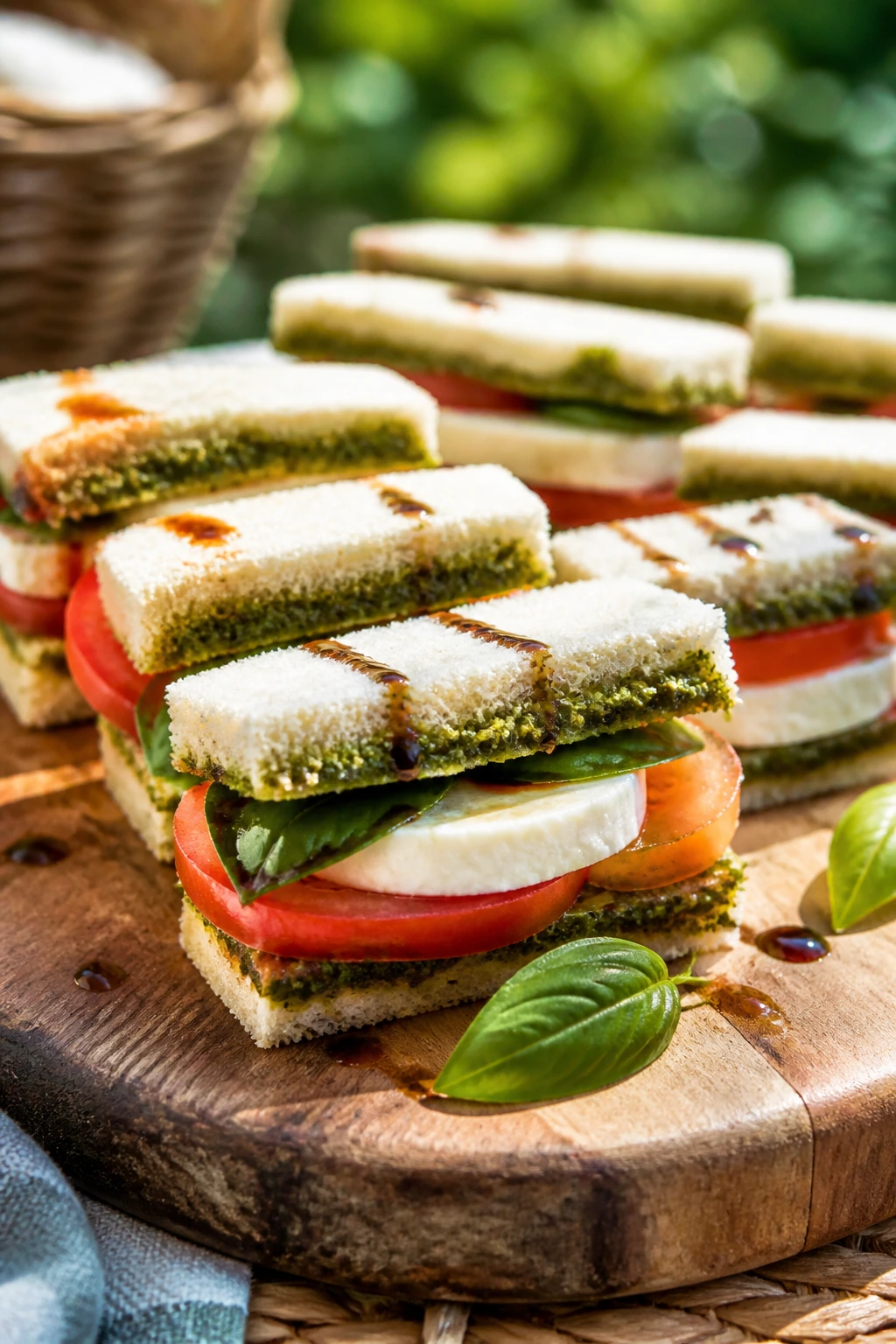 Close-up of Caprese finger sandwiches with tomato mozzarella and basil on a wooden board