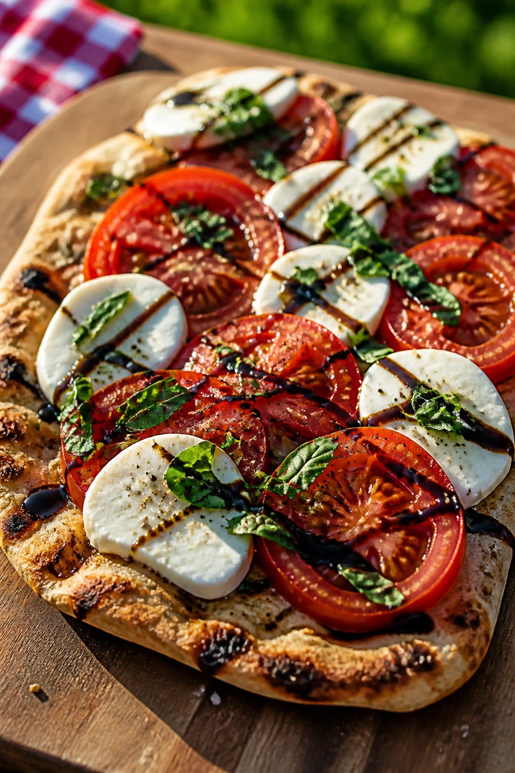 Caprese flatbread with tomato mozzarella and basil on wooden board