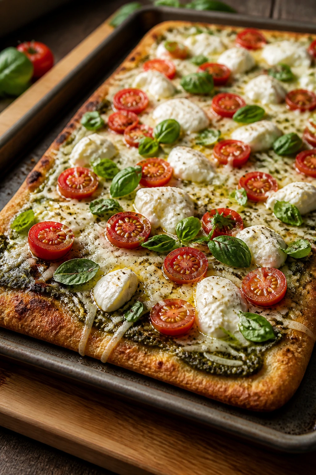 Caprese flatbread pizza topped with pesto mozzarella tomatoes basil
