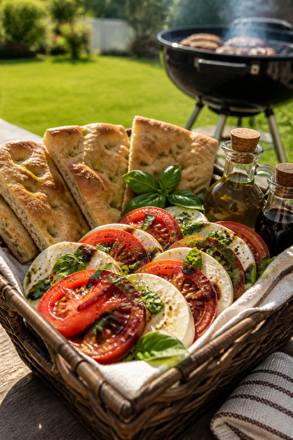 Close-up of a Caprese and focaccia basket on a backyard table