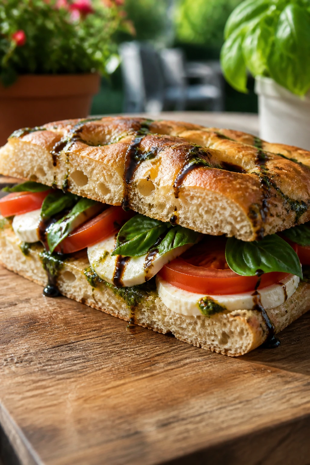 Caprese focaccia sandwich with mozzarella, tomato, basil, and pesto