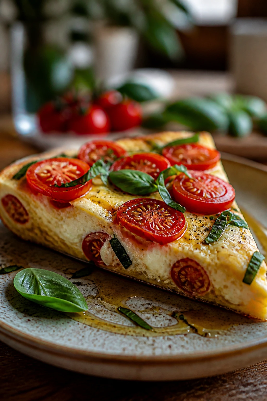 Caprese Frittata Dinner slice on plate with basil and tomatoes