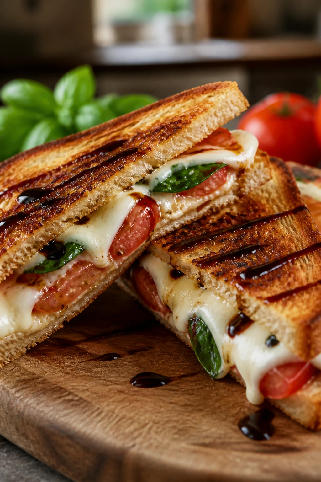 Caprese grilled cheese sandwich with mozzarella, tomato, and basil