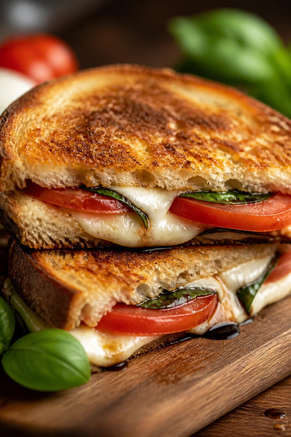Close-up of Caprese grilled cheese sandwich with melted mozzarella, tomato, and basil