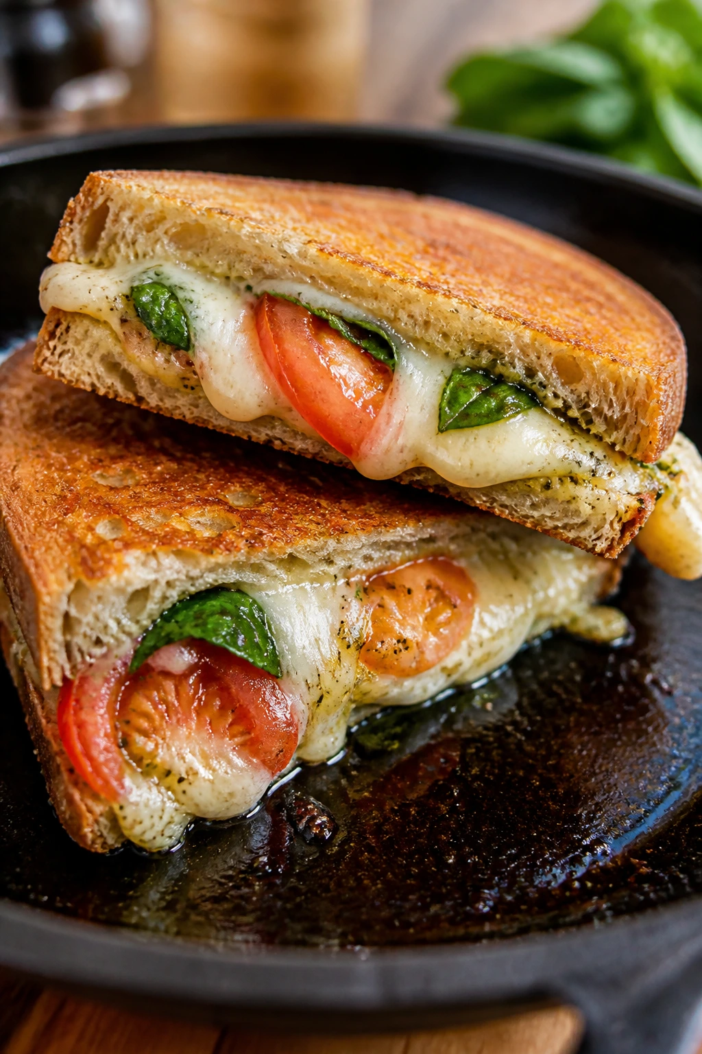 Caprese grilled cheese sandwich with mozzarella, tomato and basil