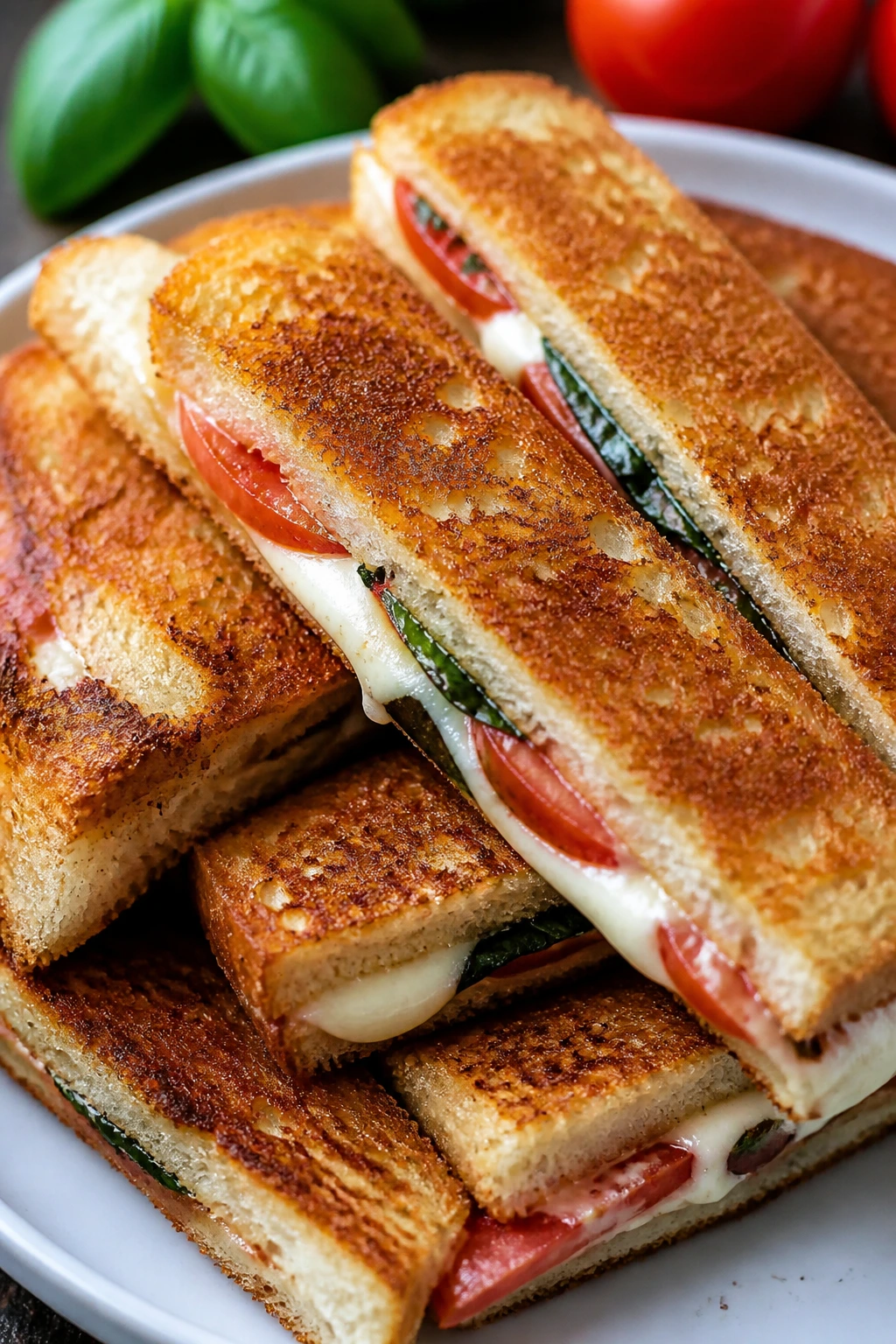 Close-up of Caprese grilled cheese sticks with mozzarella and basil
