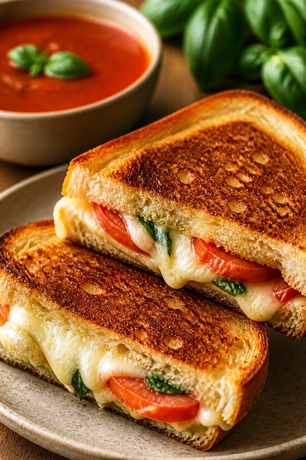 Caprese grilled cheese with mozzarella, tomato and basil beside tomato soup