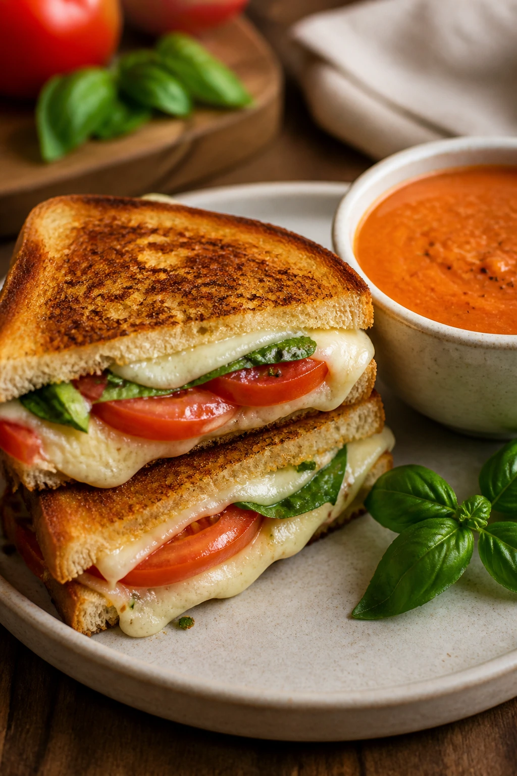 Caprese grilled cheese sandwich with tomato soup on a warm kitchen table