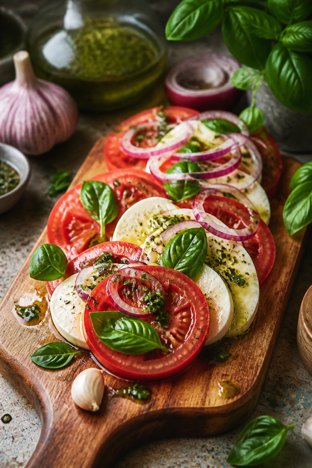 Close-up Caprese platter with tomatoes mozzarella basil onion garlic rub and herb oil on rustic board