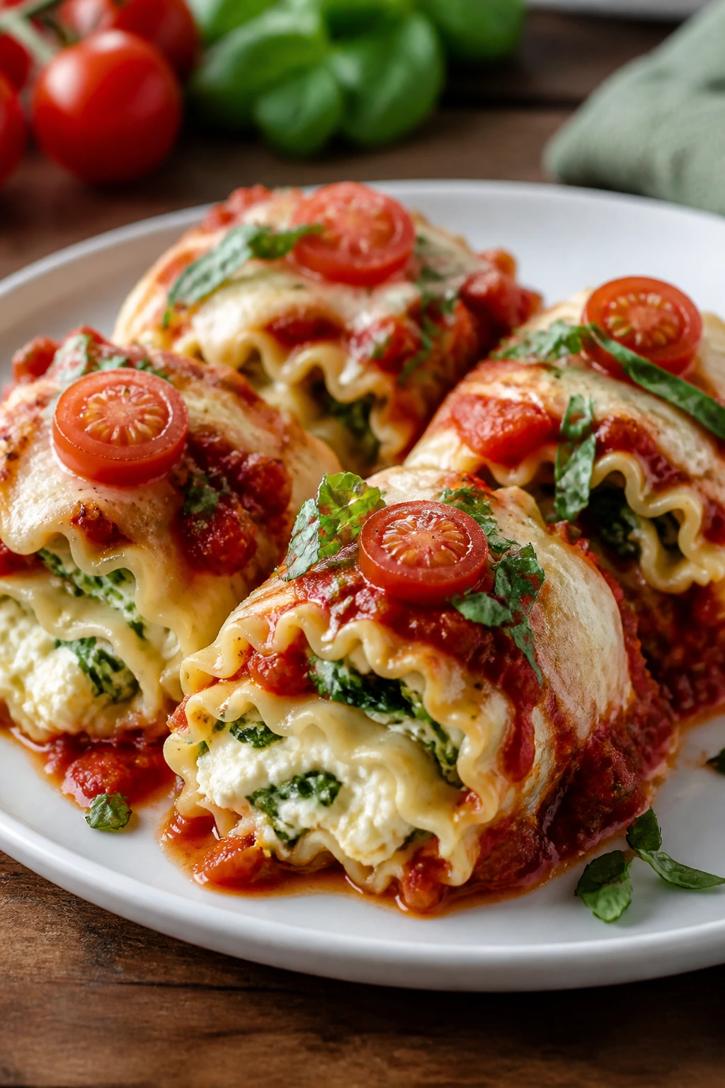 Close-up of Caprese Lasagna Roll-Ups with ricotta, mozzarella, and basil