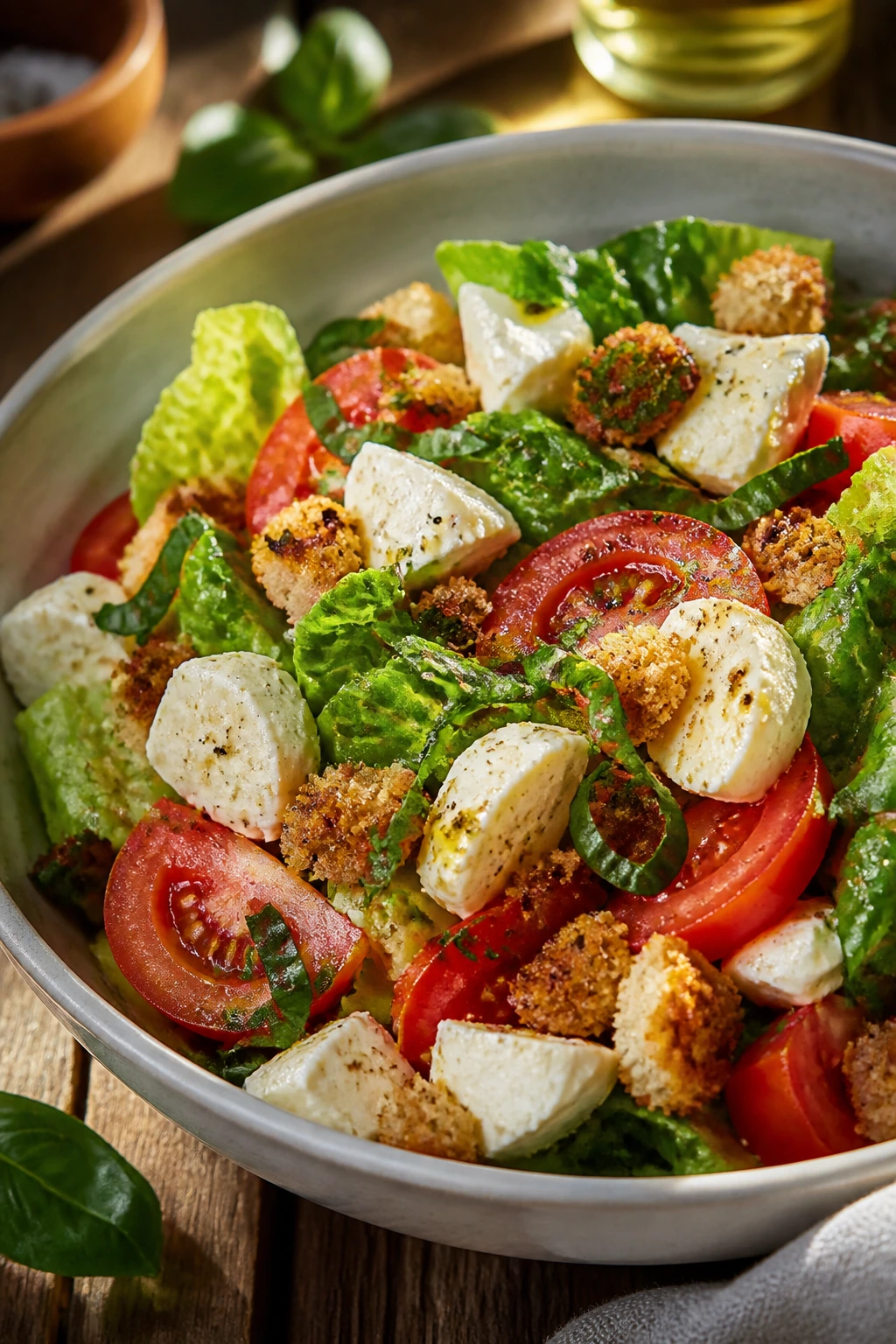 Caprese-inspired lunch salad with breadcrumbs on a sunlit kitchen table