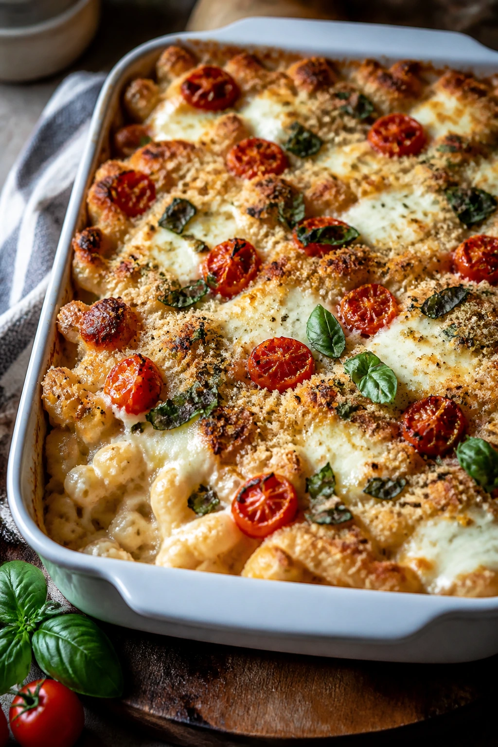 Baked Caprese mac and cheese with tomatoes and basil