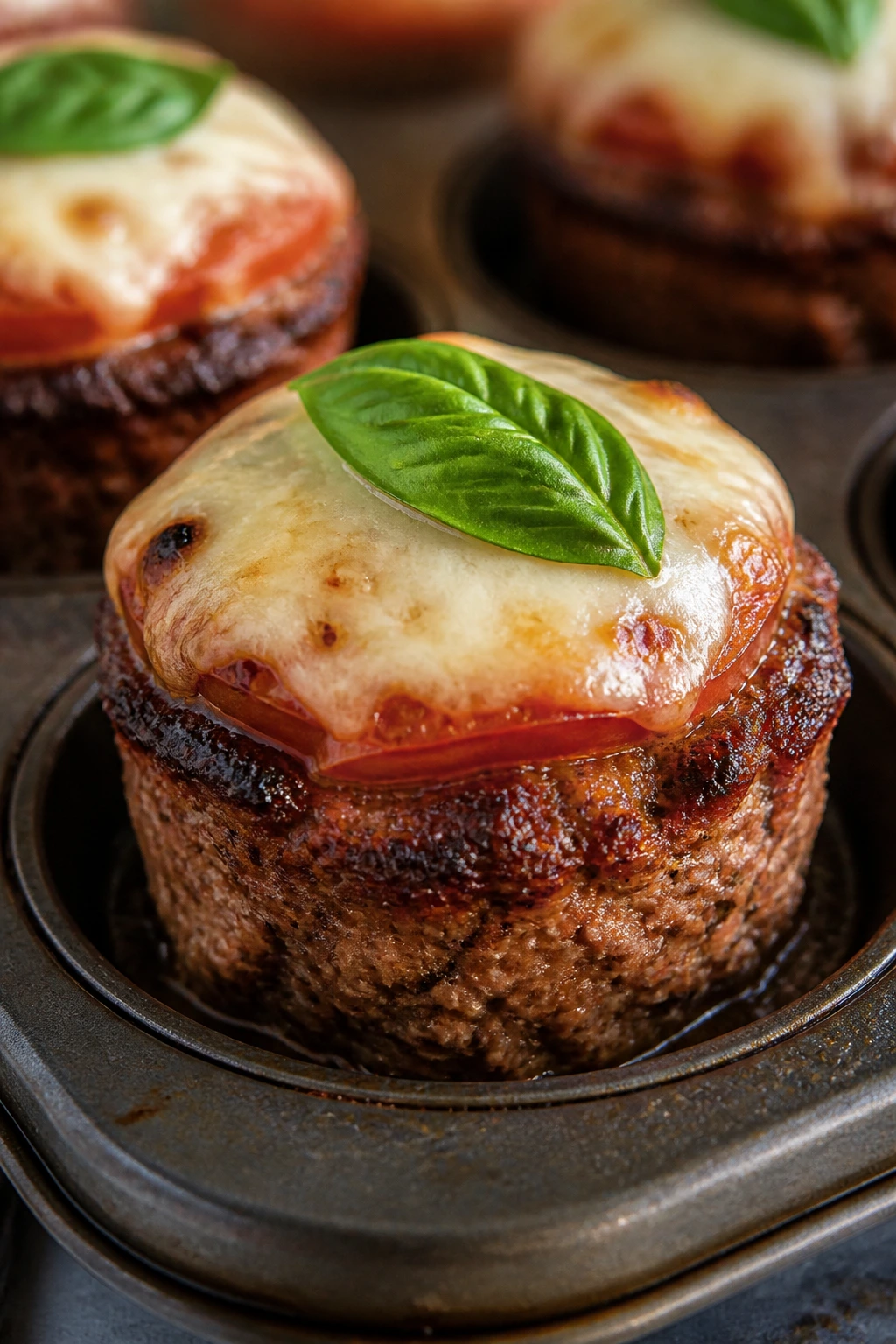 Close-up of Caprese Meatloaf Muffins topped with mozzarella and basil
