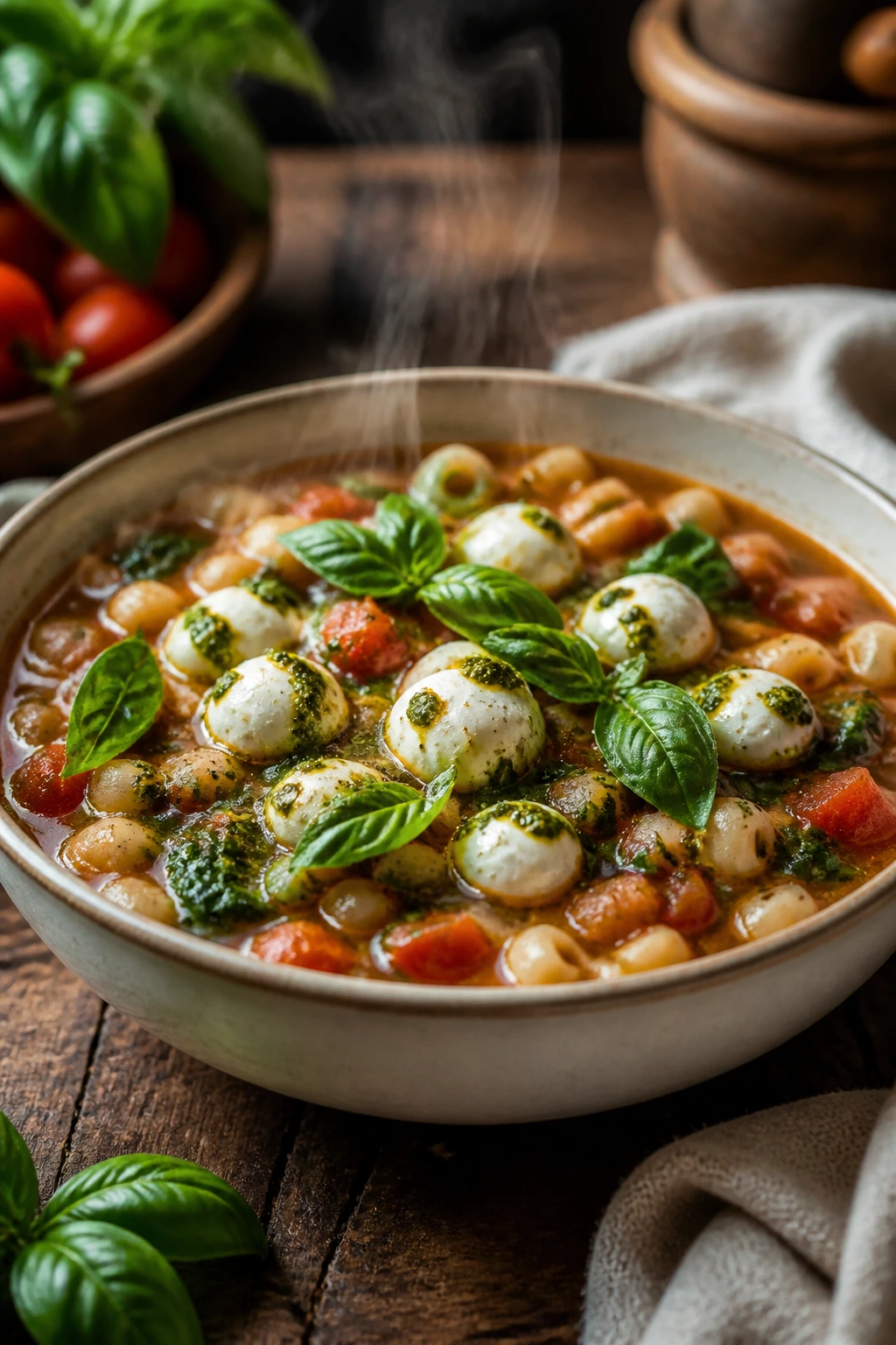 Close-up of Caprese Minestrone with Pesto bowl with basil, tomato, mozzarella pearls and pesto finish