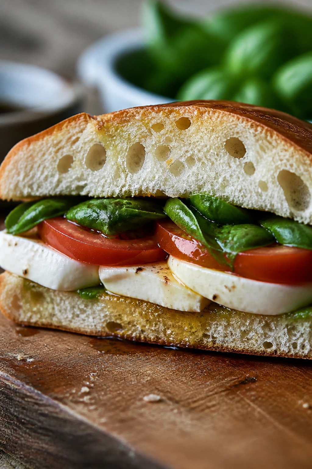 Caprese mozzarella sandwich cross-section with tomato and basil
