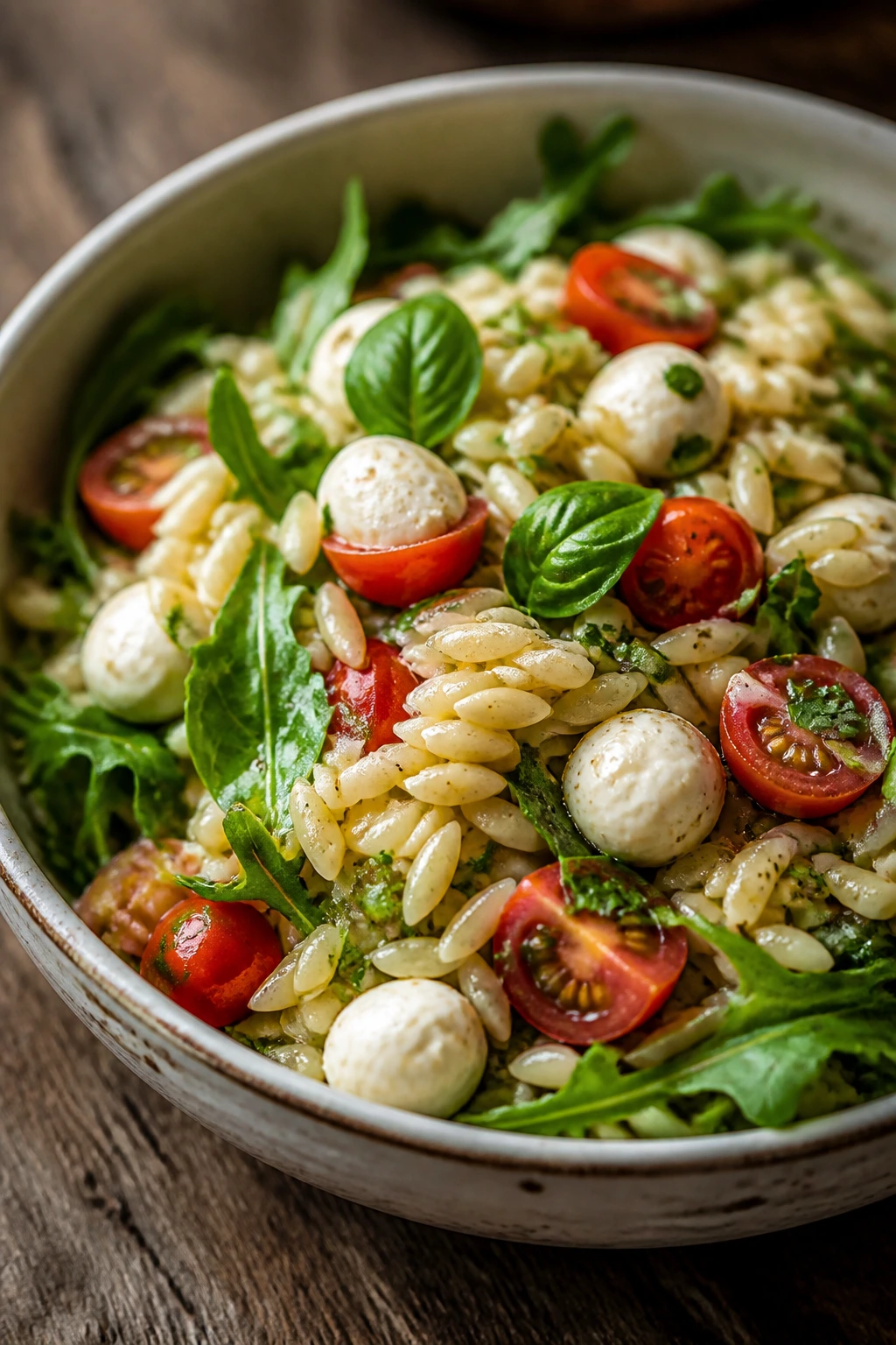 Close-up of Caprese Orzo with Arugula in a rustic bowl