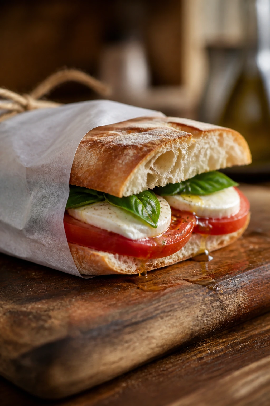 Caprese sandwich half wrapped in parchment for packing on a rustic board