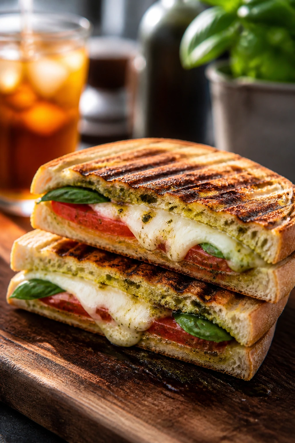 Close-up of a pressed Caprese panini with mozzarella, tomato and basil
