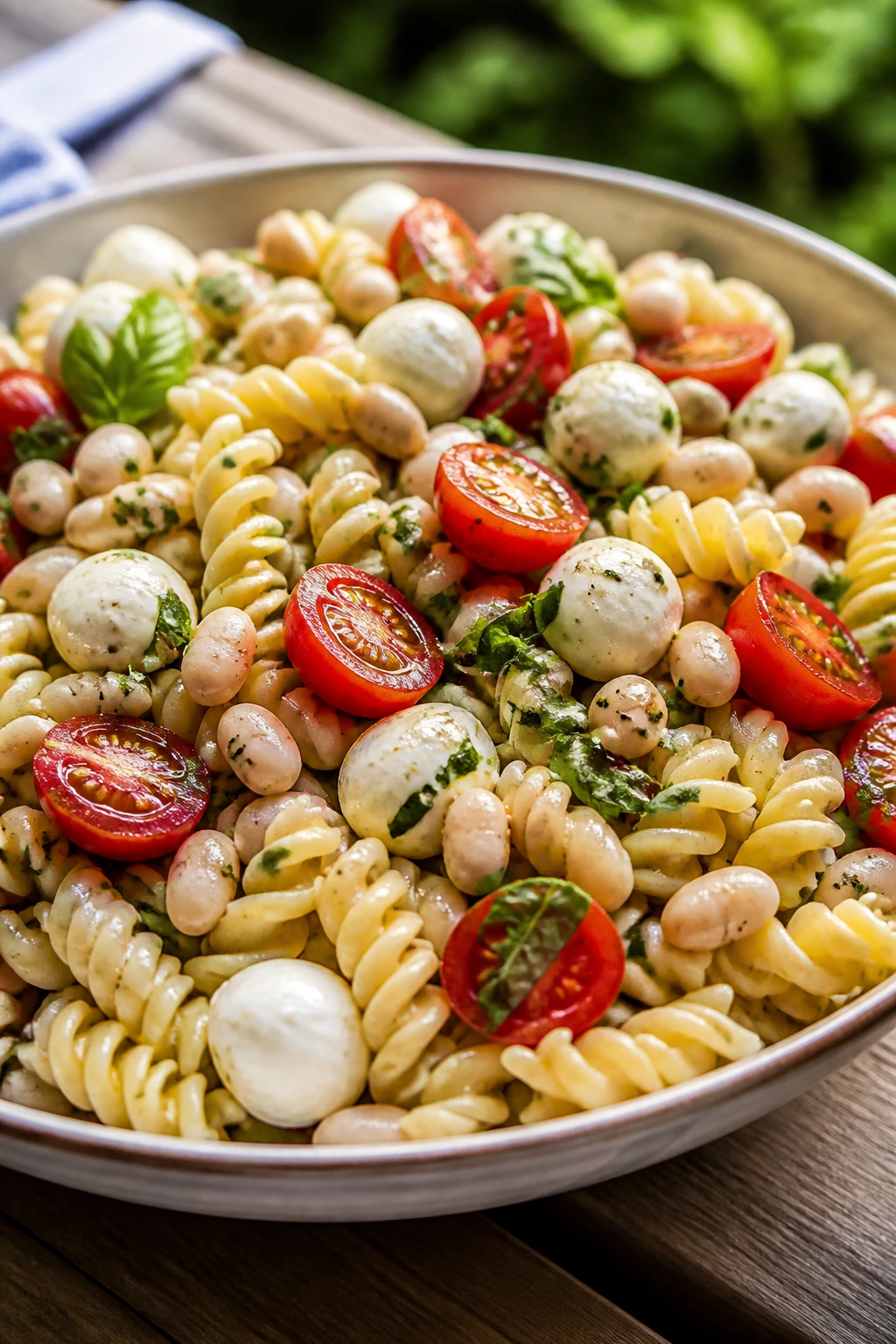 Close-up Caprese Pasta Salad with White Beans in a bowl on a sunny picnic table