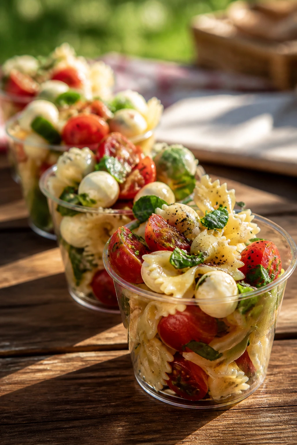 Close-up of Caprese Pasta Salad Cups on a rustic picnic table outdoors