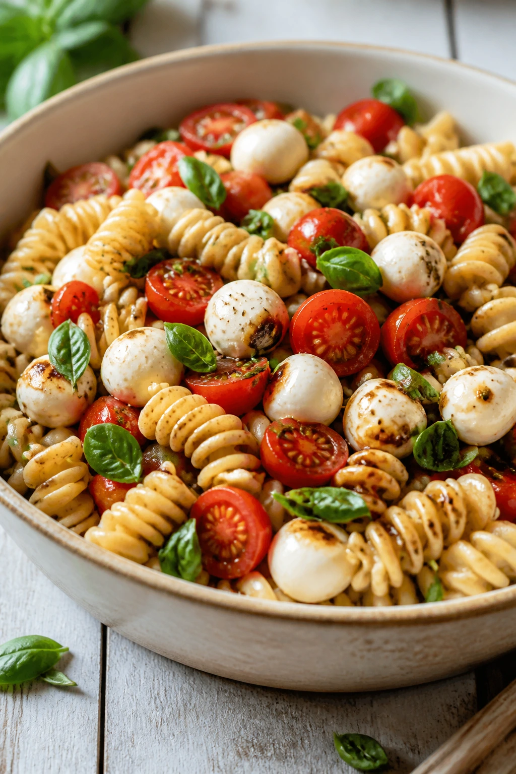 Caprese pasta salad with mozzarella and basil in a bowl