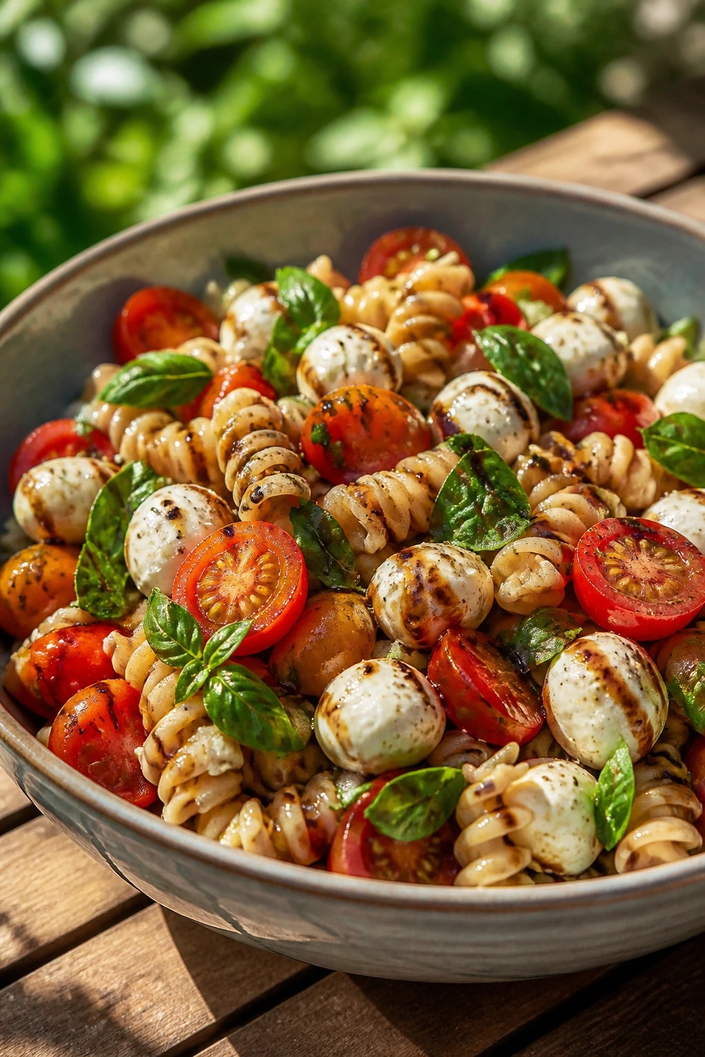 Close-up of Caprese Pasta Salad with Basil and Balsamic in a bowl on a sunlit outdoor table