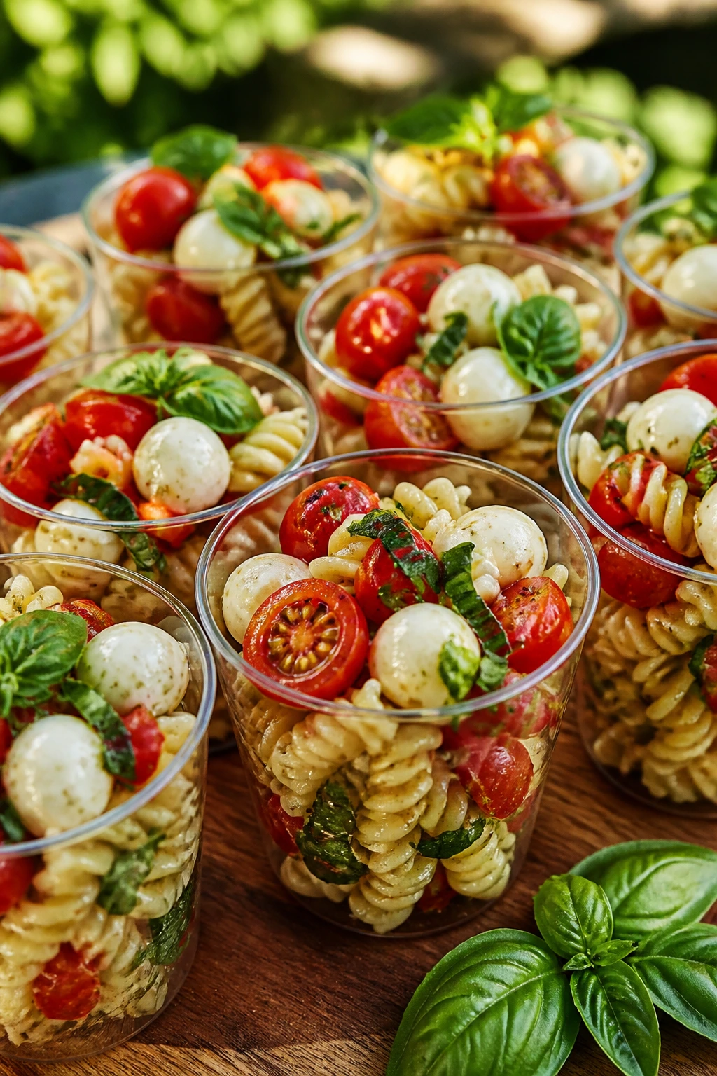 Close-up of caprese pasta salad cups on a wooden board outdoors
