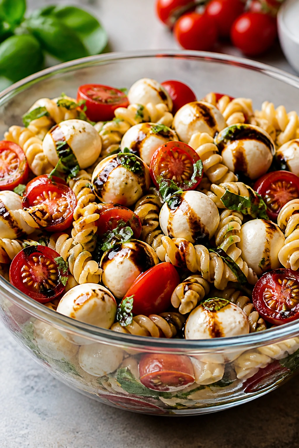 Close-up of Caprese Pasta Salad with mozzarella, tomatoes, and basil in a glass bowl on a kitchen counter