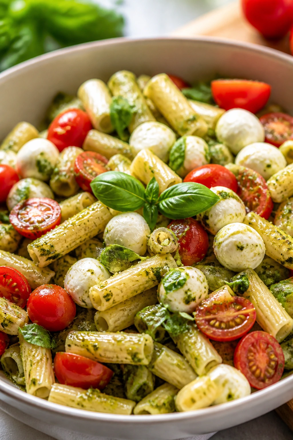 Caprese pasta salad with mozzarella, tomatoes, basil and pesto