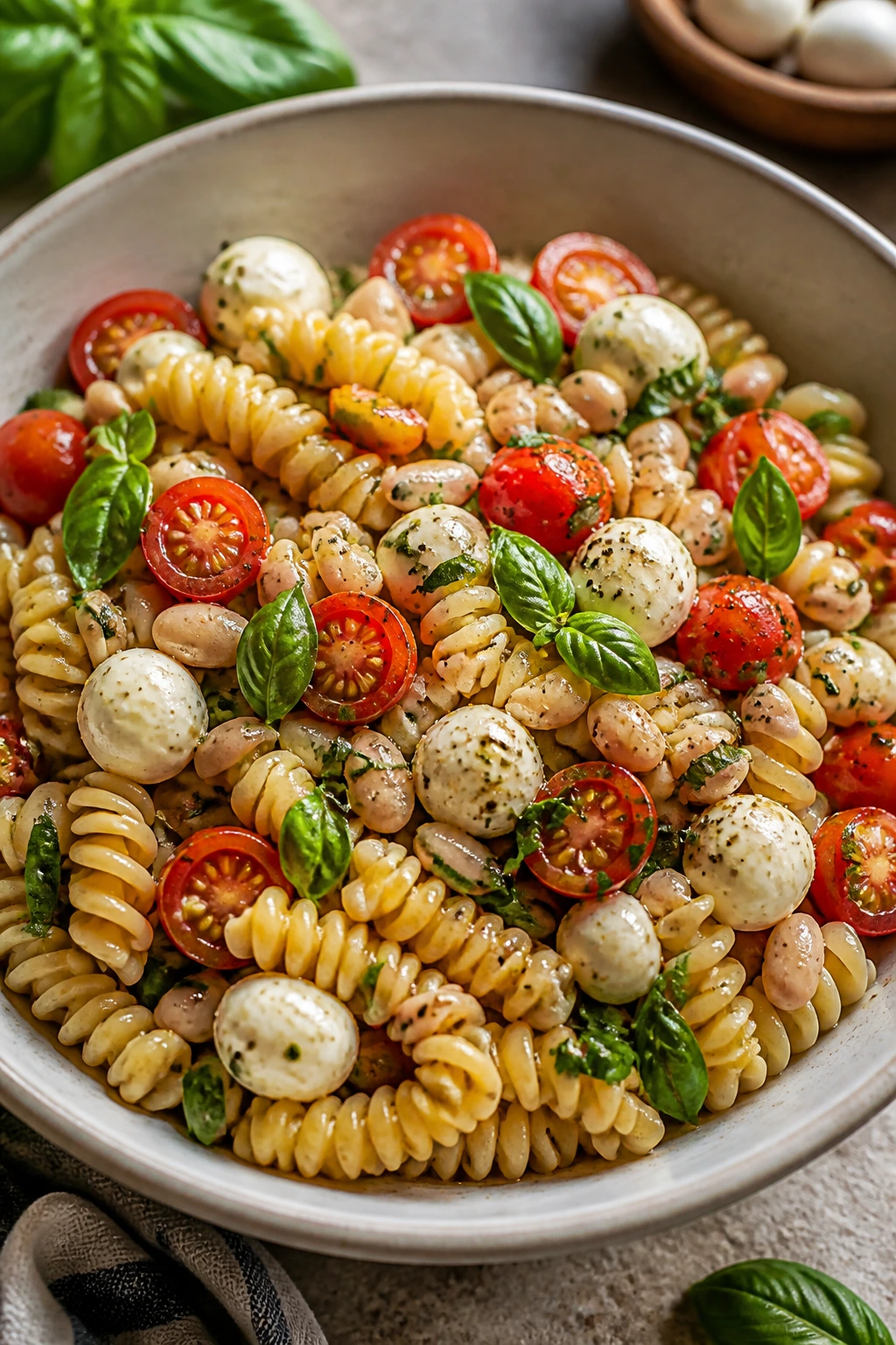 Caprese pasta salad with white beans in a bowl