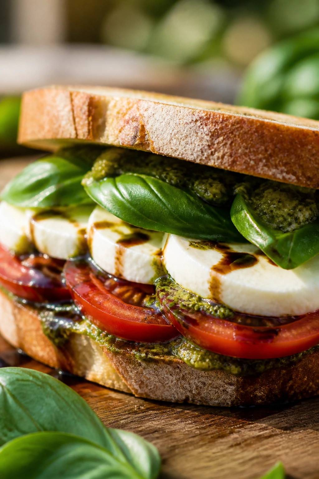 Caprese sandwich with pesto and balsamic outdoors