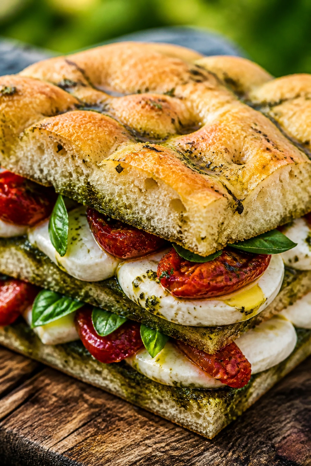 Caprese pesto focaccia sandwich close-up outdoors