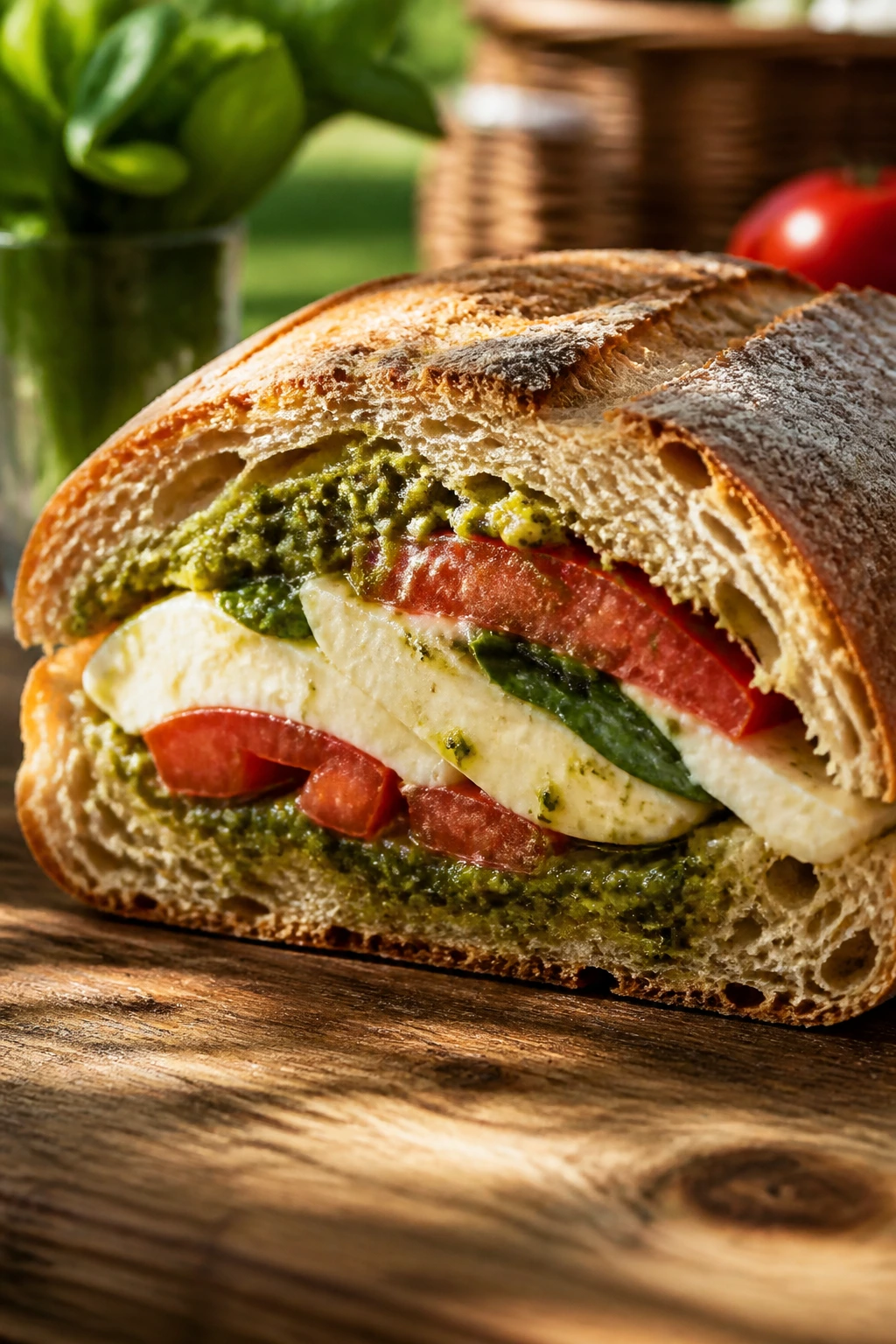 Caprese pesto picnic loaf cross-section outdoors with mozzarella and tomatoes