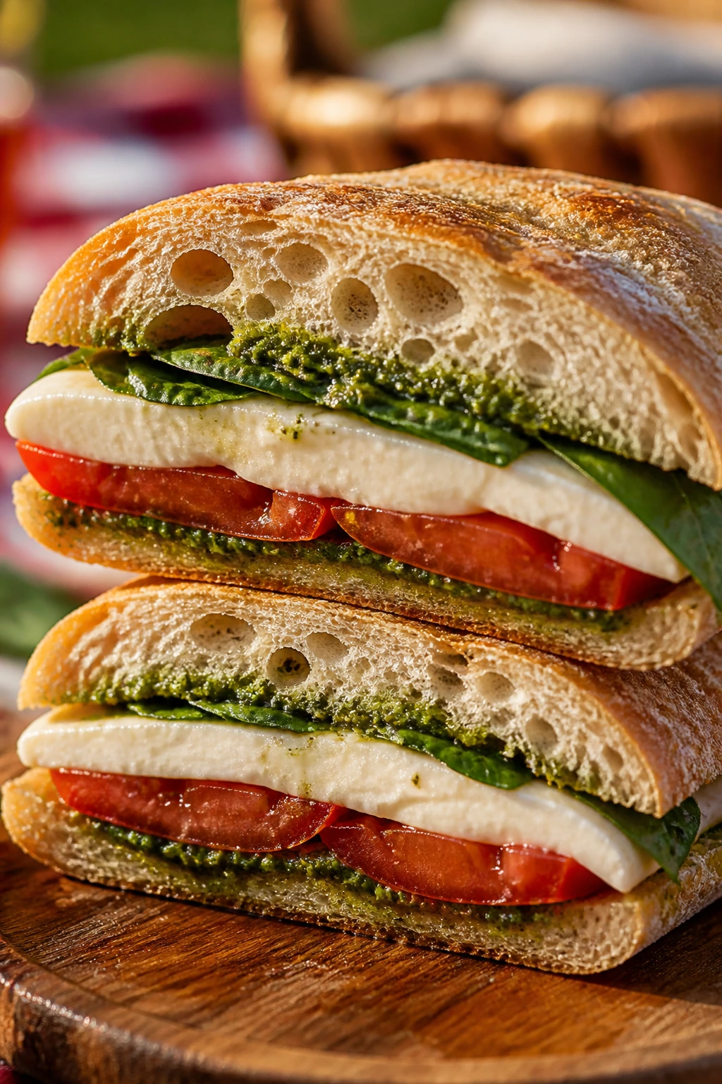 Cross-section Caprese pesto sandwich with mozzarella tomato and basil on ciabatta