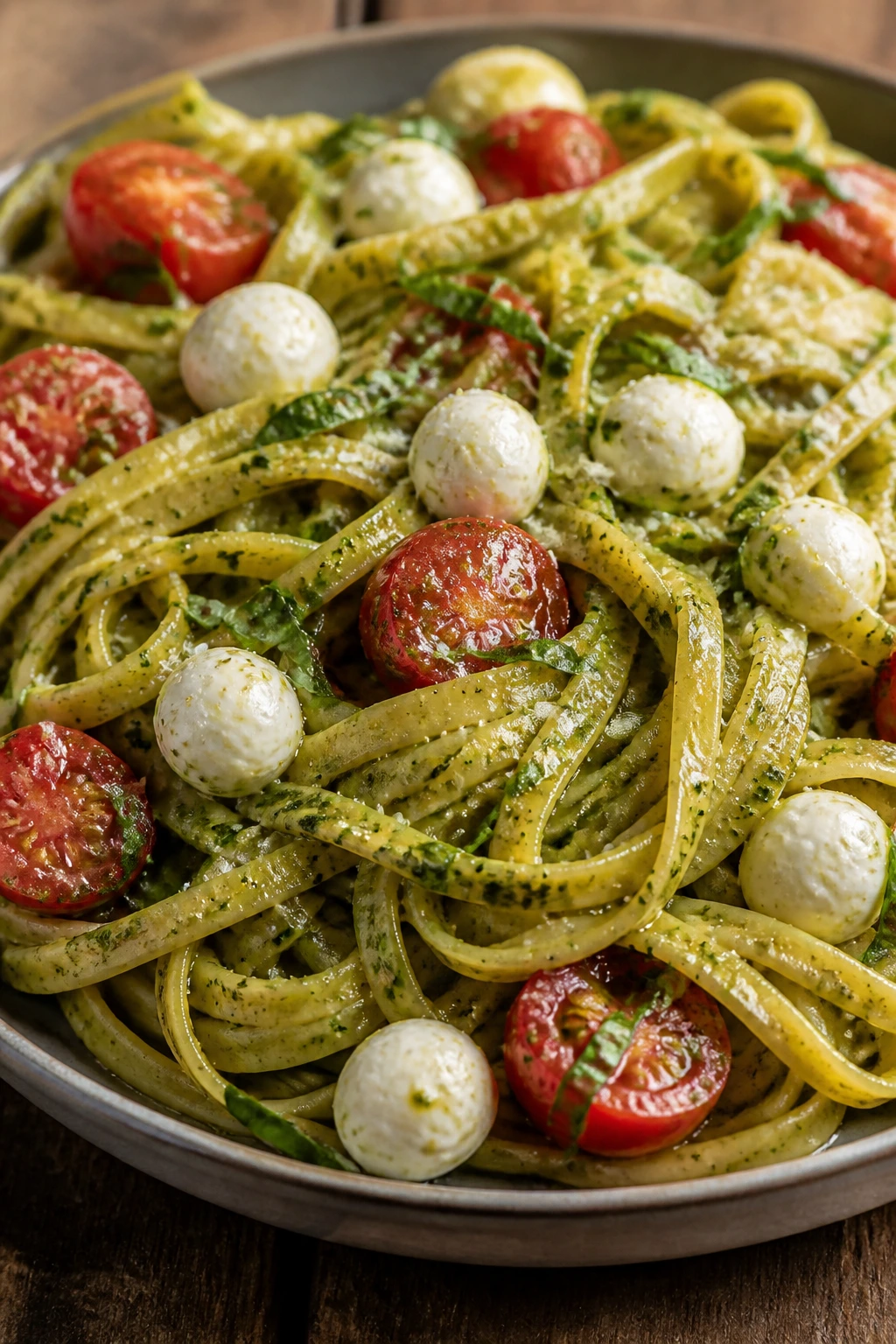 Close-up of Caprese Pesto Pasta with Mozzarella Pearls on a wooden table