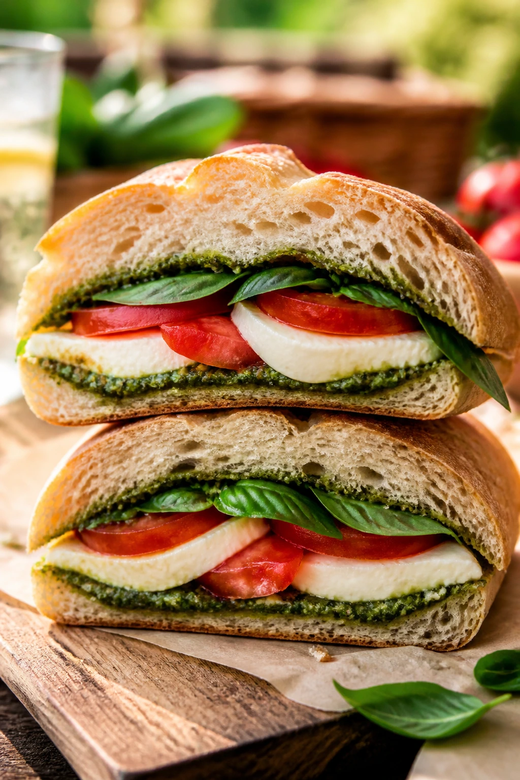 Caprese pesto sandwich with mozzarella tomato and basil