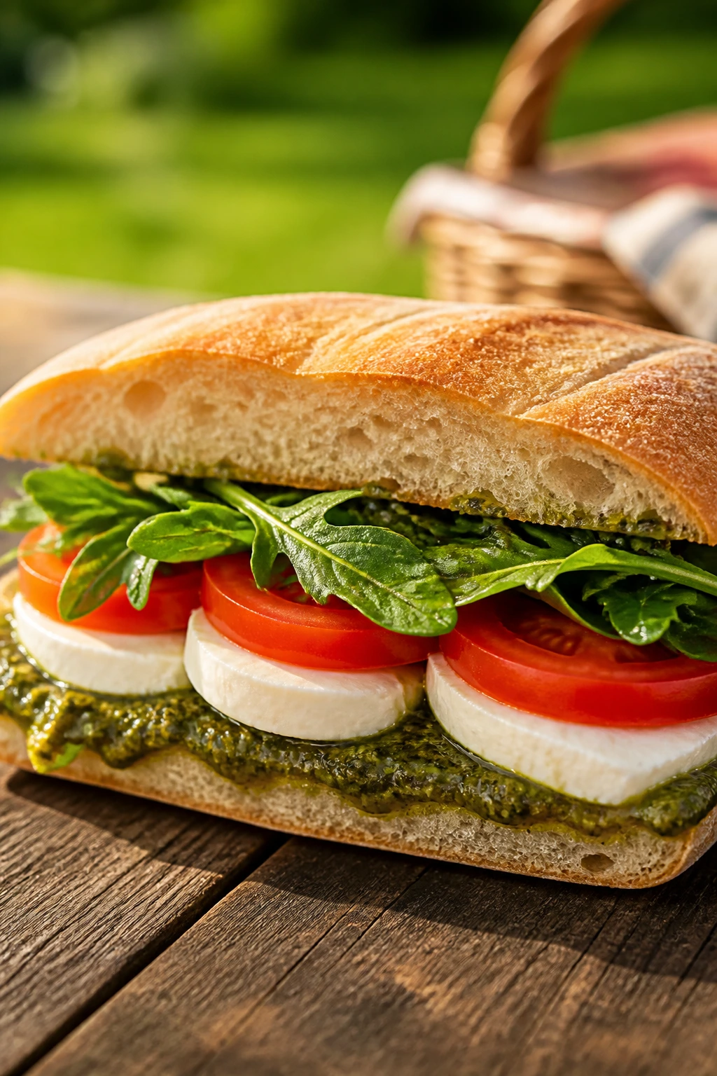 Close-up of Caprese pesto sandwich on ciabatta with mozzarella, tomato, arugula and pesto outdoors.