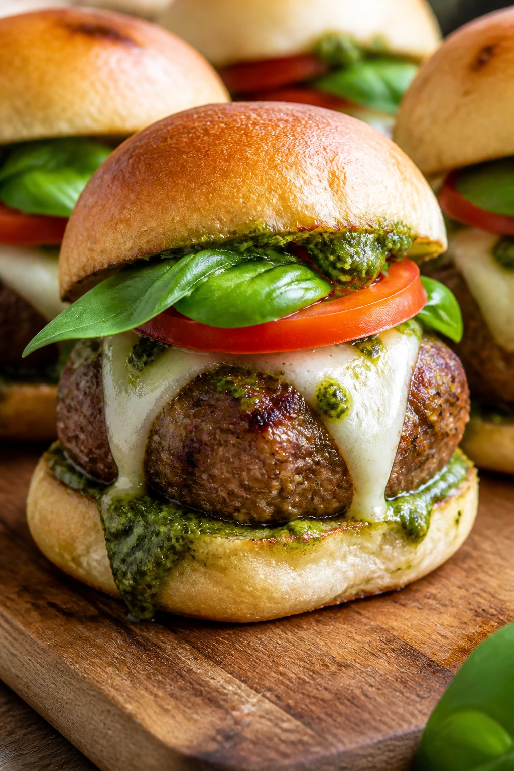 Caprese pesto meatball slider with mozzarella, tomato, and basil on wooden board