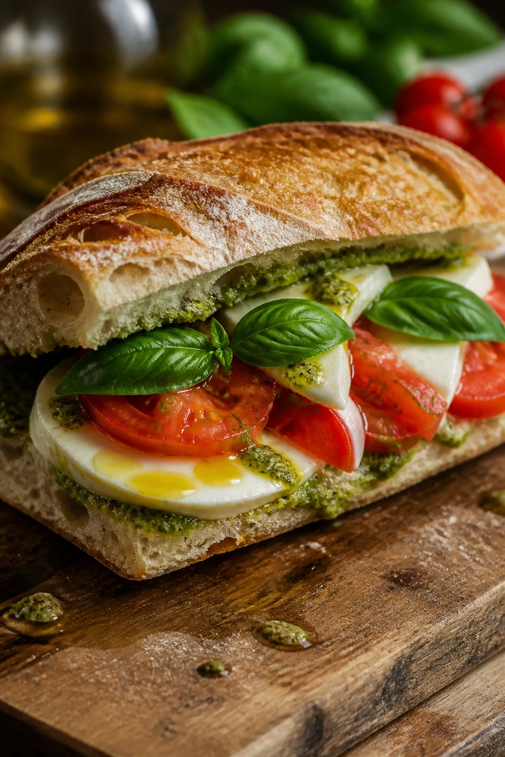 Caprese sandwich with pesto variation on a rustic board