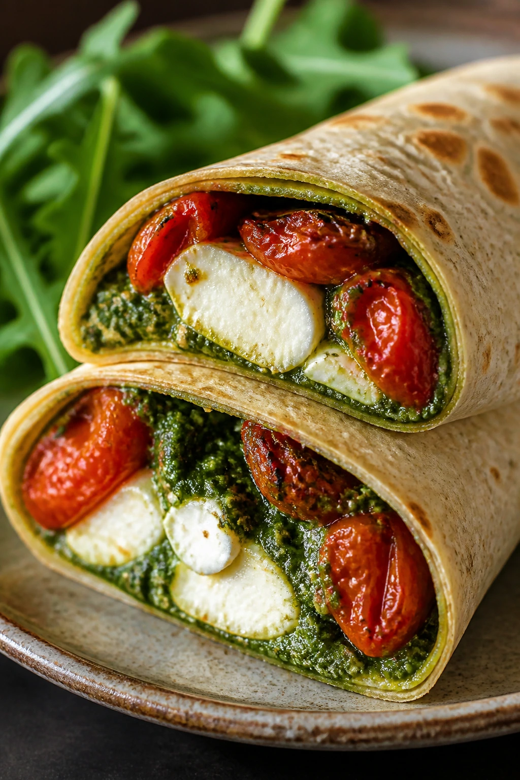 Close-up of Caprese Pesto Wraps with roasted tomatoes and mozzarella.