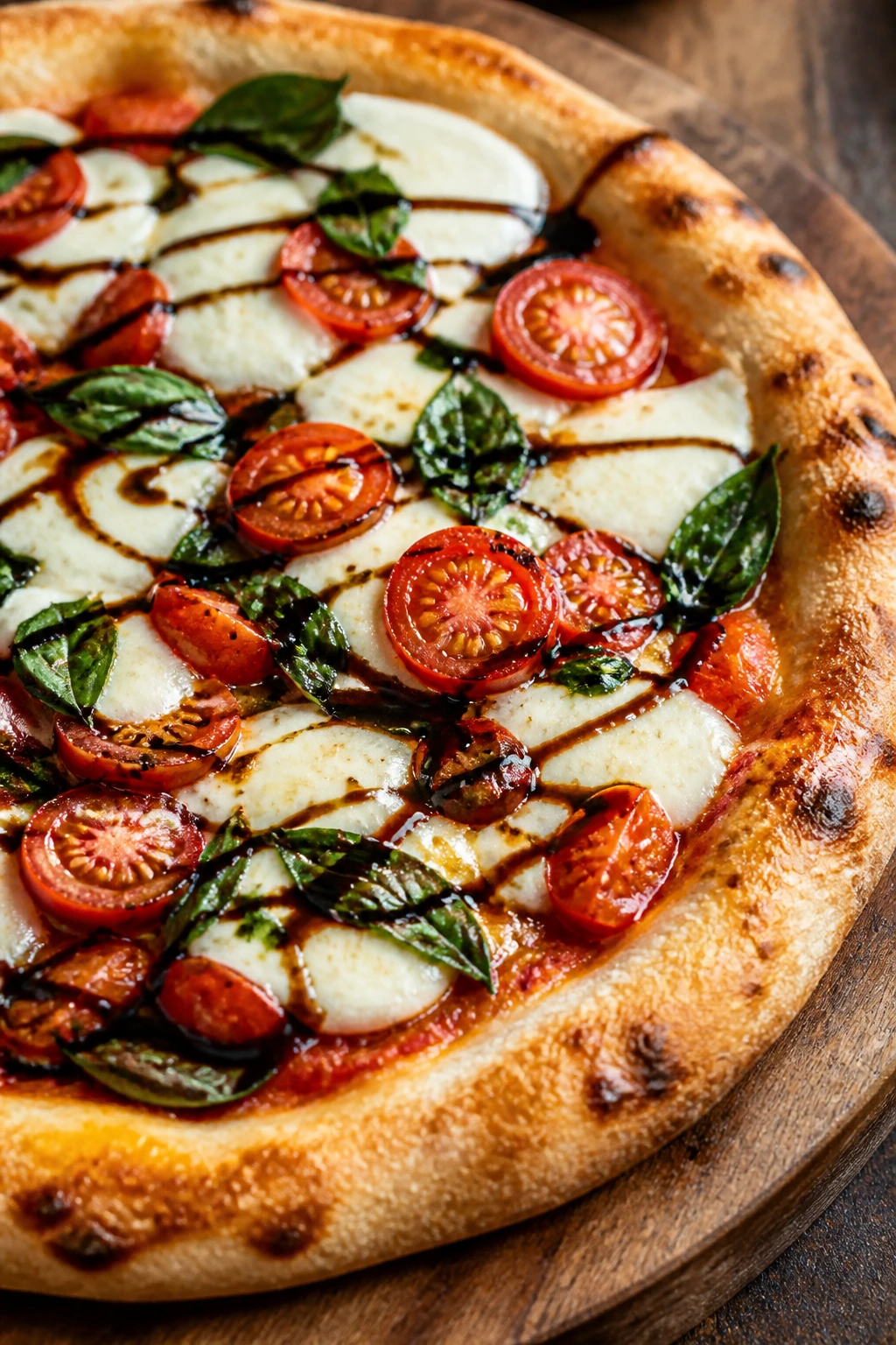 Close-up of caprese pizza with mozzarella, tomatoes, basil, and balsamic glaze
