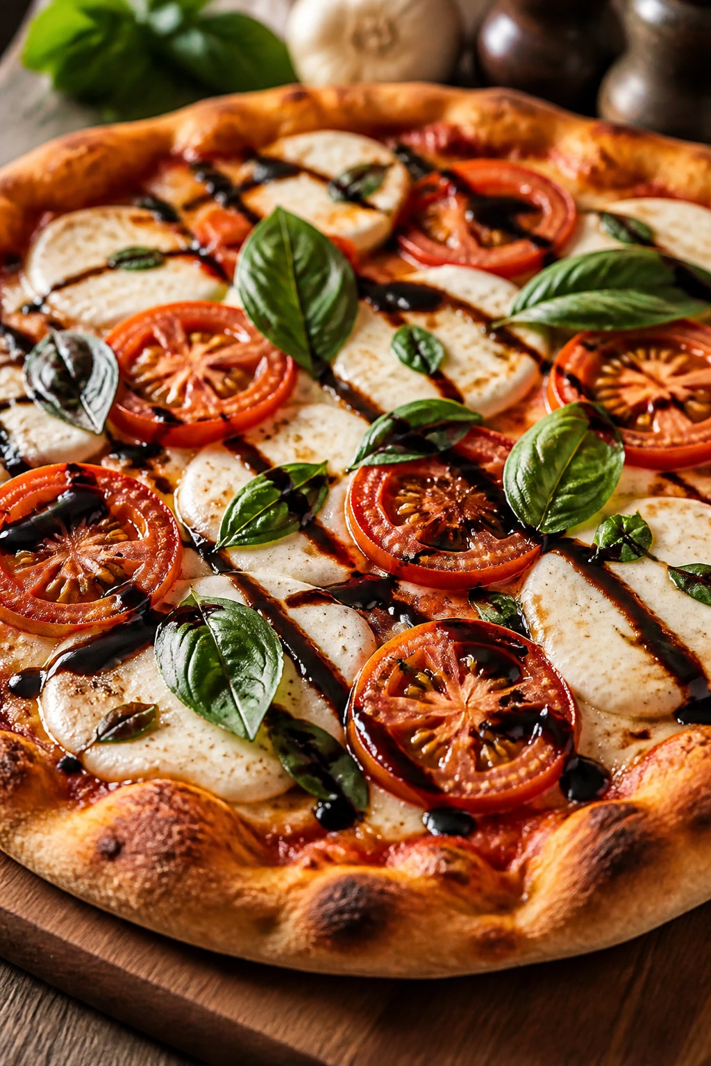 Caprese pizza with mozzarella, tomatoes, basil and balsamic drizzle on wooden board