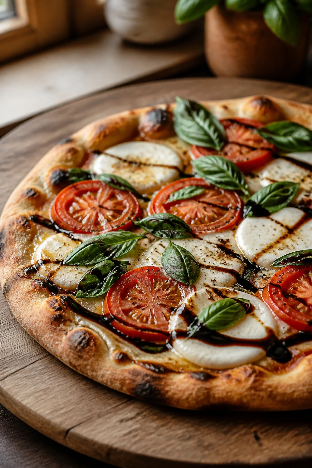Close-up Caprese pizza with mozzarella, tomato and basil