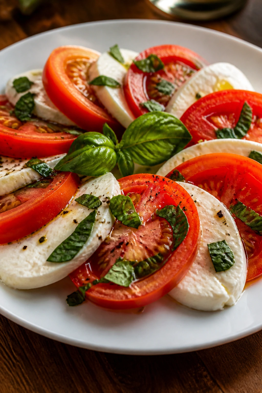 Caprese dish plated on white plate with tomato, mozzarella, and basil.