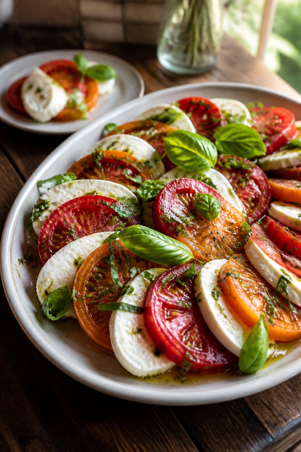 Caprese platter ready for a second serving on a dining table
