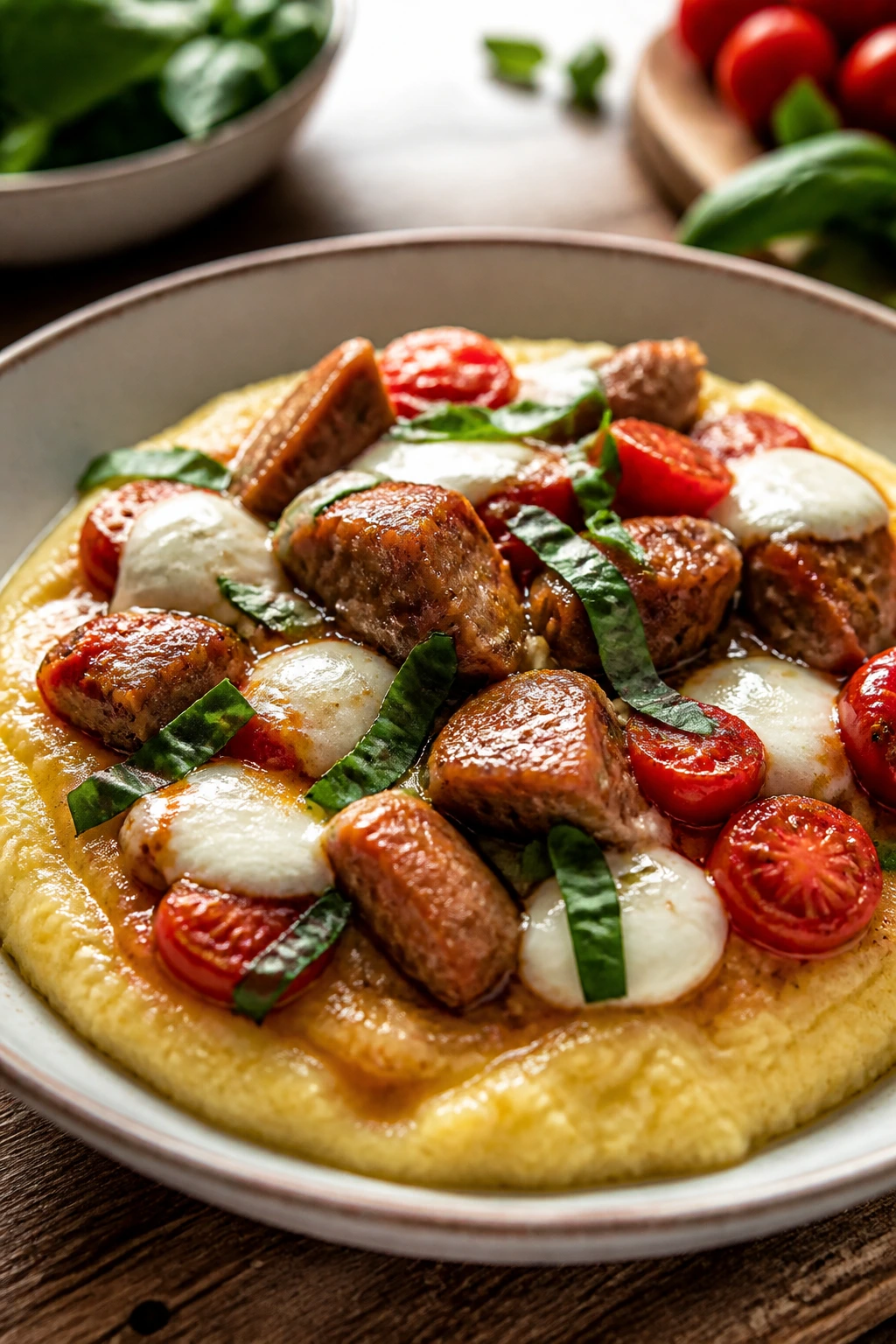 Creamy polenta bowl with sausage, tomatoes, mozzarella, and basil