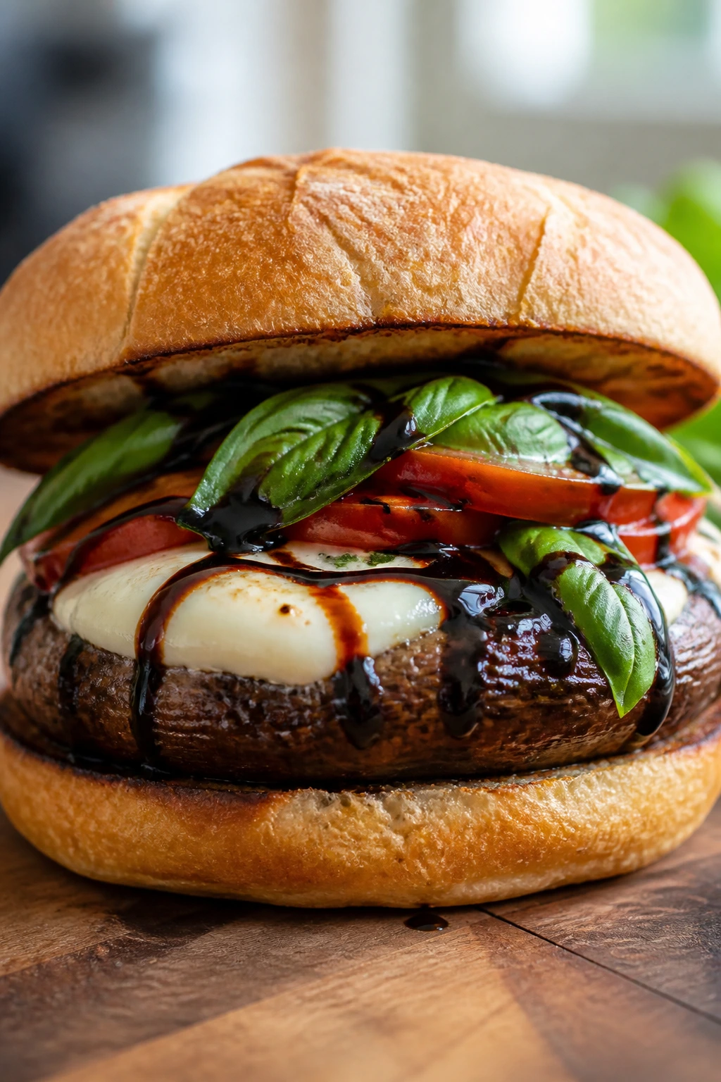 Caprese-inspired portobello burger with mozzarella and balsamic